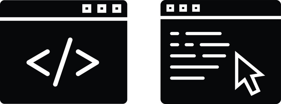 Black monochrome browser windows showing code angle brackets and cursor line anglebrackets