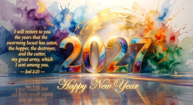  Happy New Year 2027 with Bible Verse Joel 2:25, Colorful Watercolor Background and Golden Typography generated   by AI