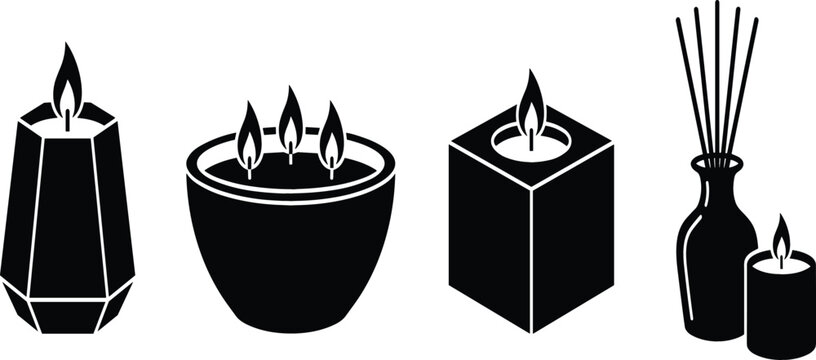 Aromatherapy Spa Candle and Diffuser Vector Silhouette Set Featuring Geometric Pillar Multi Wick Bowl Cube Candle and Reed Diffuser Icons for Wellness Graphic Designs