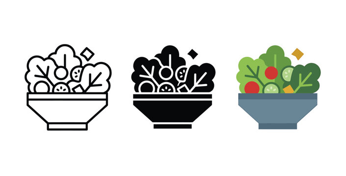 Fresh vegetable salad bowl icon set in line solid and colorful flat vector style Vector