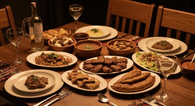 A Feast of Flavors - Diverse Dishes on a Wooden Table.