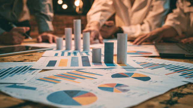 A team of financial advisors reviews printed and digital charts of asset allocation models in a boardroom, discussing their effectiveness. The image provides significant copy space.