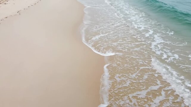 Aerial top down view of gentle ocean surf washing over minimalist sand gradients in a soothing mood