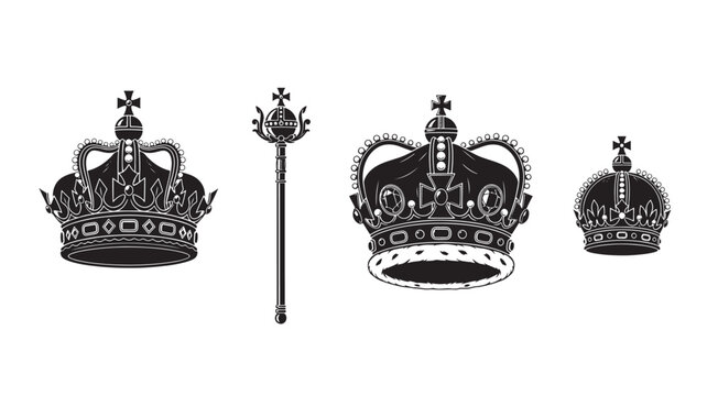 Collection of ornate royal crowns and scepter in black and white illustration.
