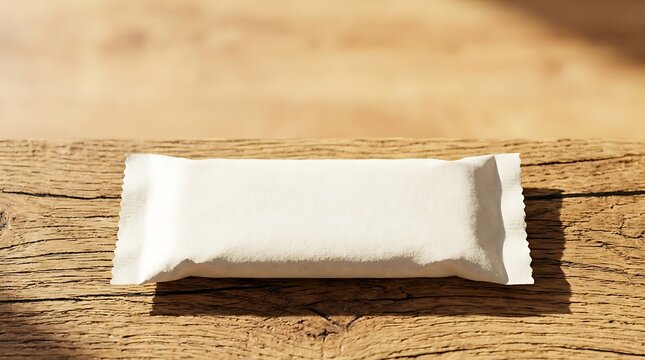 Blank white snack bar wrapper on rustic wooden surface with warm sunlight for advertising use
