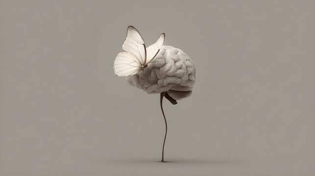 Butterfly emerging from cocoon on stem with plain gray background thin stem against white butterfly object thin transformation metamorphosis