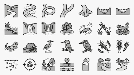 Fototapeta premium Creative Black and White Line Set of Nature Wildlife and Environmental Elements for Educational or Eco Awareness Projects