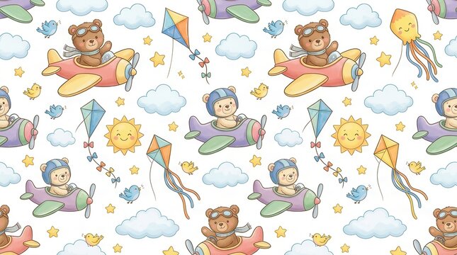 Teddy bears fly planes & kites in a bright, cloudy sky with smiling suns