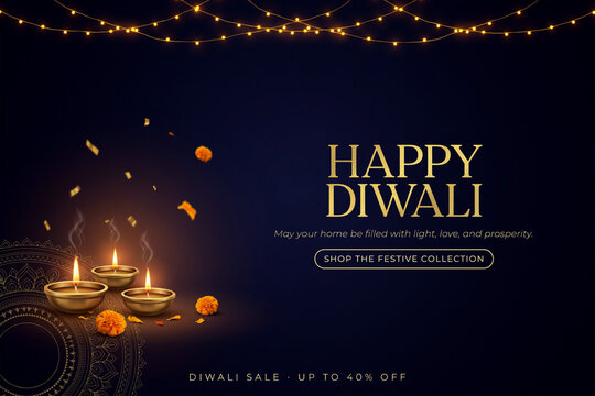 Happy Diwali festive sale banner with oil lamps, elegant gold typography on dark blue background, traditional Indian holiday promotion with up to 40 percent off