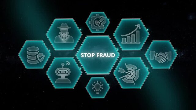 Stop fraud digital concept with hexagonal and cyber security interface