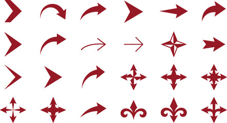 Red Arrow Icon Set with Curved Pointers and Multi Directional Compass Navigation Symbols for Interface Graphic Designs © mdferozhossain