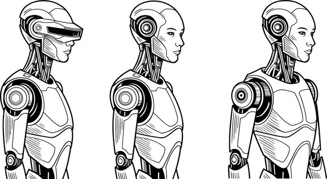 Futuristic humanoid robot profile vector illustration featuring cyborg android mechanical characters in black and white