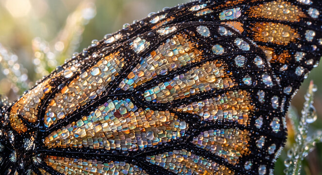 Macro of a butterfly wing covered in shimmering morning dew drops