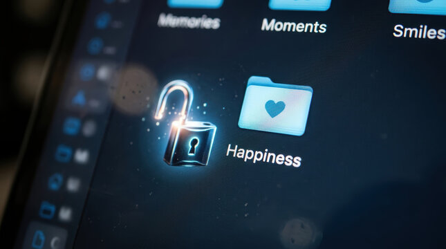 Unlock happiness folder digital screen heart mental health technology concept computer data security open positive emotion wellbeing software