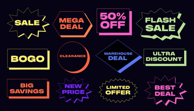 Neo Brutalist Sale Badge Dark Neon Set of Flat Vector &mdash; SALE BOGO Flash Clearance Ultra Discount Mega Deal, Neon Yellow Orange Pink Green Blue Dark Background Electric Glow &mdash; Dark Mode Retail
