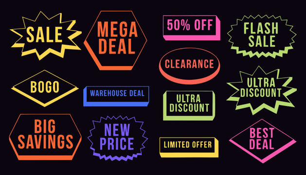 Neo Brutalist Sale Badge Dark Neon Set of Flat Vector &mdash; SALE BOGO Flash Clearance Ultra Discount Mega Deal, Neon Yellow Orange Pink Green Blue Dark Background Electric Glow &mdash; Dark Mode Retail
