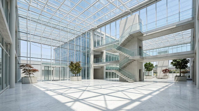 Modern corporate building interior with glass walls stairs and bright sunlight