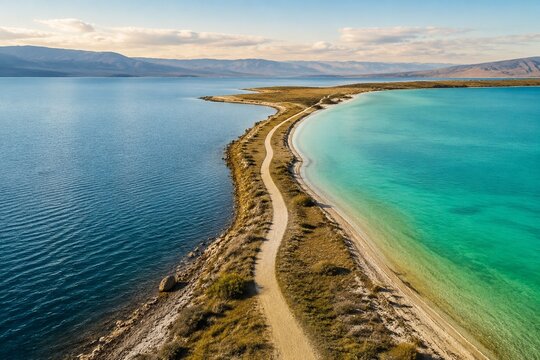 A clear path connecting two differently colored bodies of water from above.