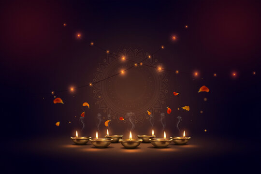 Diwali festival background with glowing diya oil lamps, golden bokeh lights and floating flower petals, spiritual hindu celebration banner