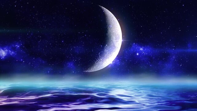 Crescent Moon Over The Ocean - Animated Crescent Moon and Starry Night over Shimmering Water