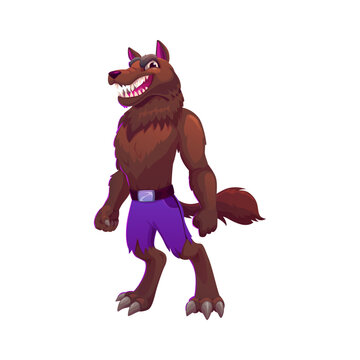 Scary and funny Halloween werewolf character and game icon asset. Cartoon werewolf in torn purple shorts, standing with clenched paws and baring sharp teeth. Spooky vector personage for game