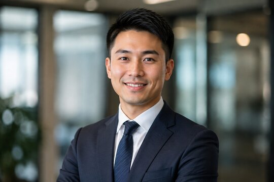 Young Asian professional in business attire with a confident smile against a blurred office background.