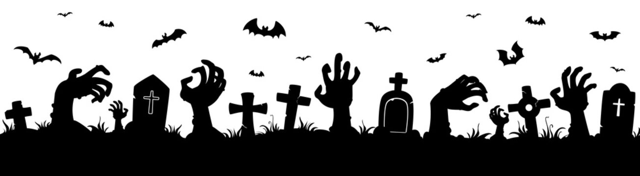 Halloween zombie hands between graveyard tombstones landscape silhouette. Vector spooky black silhouette of a graveyard with zombie hands, tombstones, twisted trees and bats for Halloween party
