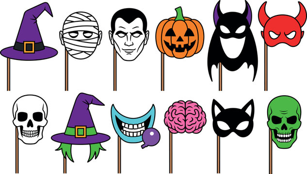 Halloween photo booth props vector set featuring witch hat mummy vampire pumpkin bat skull and brain