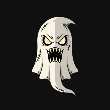 Angry ghost illustration with sharp teeth and glowing eyes on black background.