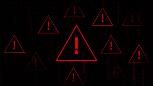 Binary code matrix rows cascade around flashing red risk alerts on grid surfaces. Cyber security data platforms track malware code vectors. System threat indicators loop.