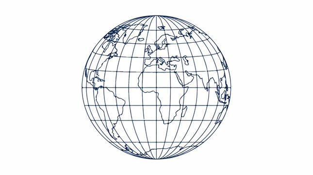 Blue wireframe globe with latitude grid and world map lines, a clean vector illustration for global connectivity