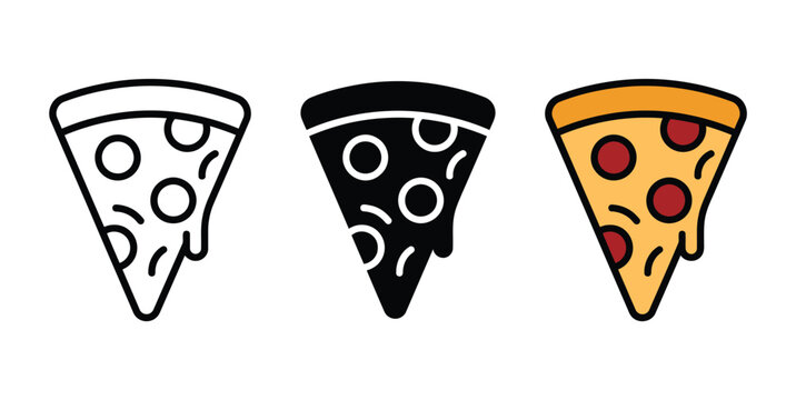 Three pizza slice icons in outline solid and colorful styles for restaurant and food web design Vector
