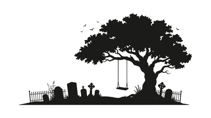 Obraz premium Helloween Halloween graveyard, spooky tree silhouette, creepy cemetery scene, black vector icons vector