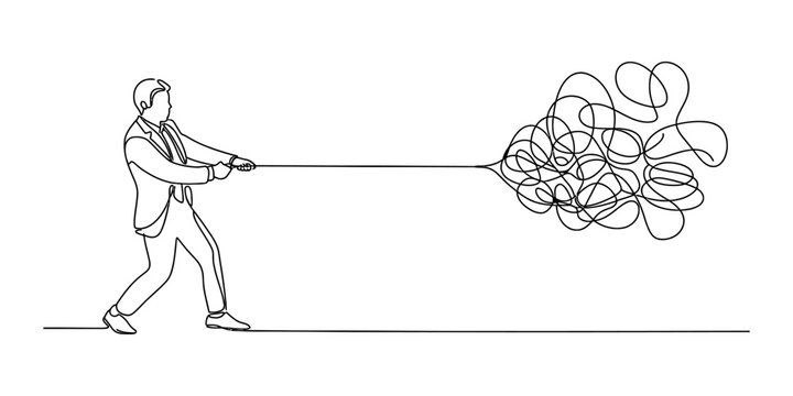Businessman pulling a tangled messy line representing stress and complex problems in a continuous single line art style drawing Vector, illustration