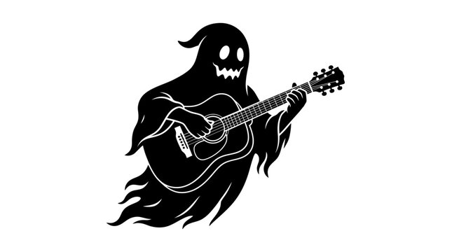 Helloween Ghost playing guitar, spooky music icon, Halloween vector, black silhouette vector