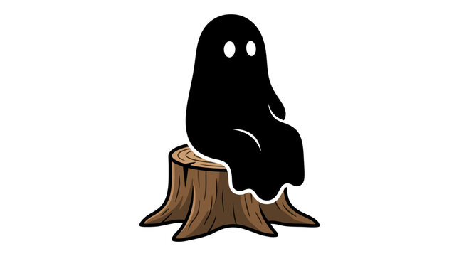 Helloween Cute ghost sitting on tree stump, black cartoon character, Halloween icon, white background vector