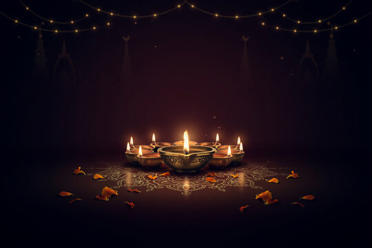 Diwali festival background with glowing diya oil lamps, traditional rangoli pattern on dark floor, festive string lights for deepavali celebration
