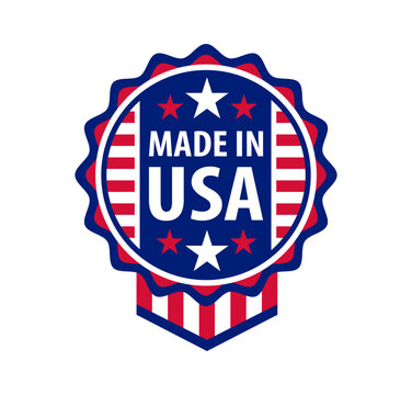 Made in USA label with American flag ribbon and quality stars for label badge or stamp icon. Made in USA badge for United States production symbol and US product quality guarantee or certificate stamp
