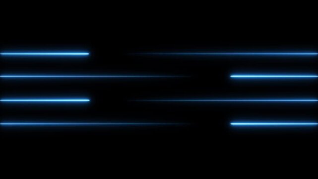 Abstract motion graphics accelerate parallel horizontal neon laser paths across screens. High tech video production introductions require an abstract motion graphics file.