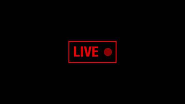 Live broadcasting media signs pulse red warning dot indicators on black screen frames. Online stream hosting application dashboards utilize a live broadcasting media signs.