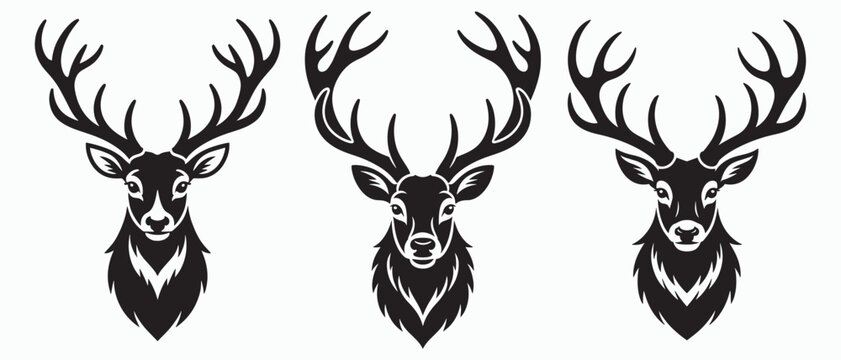 Deer Head Silhouette Vector Illustration Set, Stag Head Silhouette Bundle Hand Drawn Black White Buck Antler