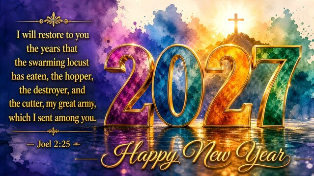 Happy New Year 2027 with Bible Verse Joel 2:25, Colorful Watercolor Background and Golden Typography