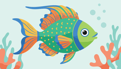 Fototapeta premium Vibrant tropical fish with colorful green, orange, and blue patterns swimming among coral reefs in a clear ocean environment.