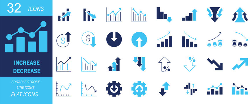 Business growth and decline icons, set of 32 increase and decrease chart symbols, blue financial data analytics vector graphics for reports