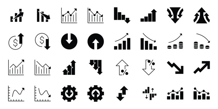 Minimalist business data icons set, professional financial growth and loss charts, 32 vector symbols for stock market analysis and corporate reporting