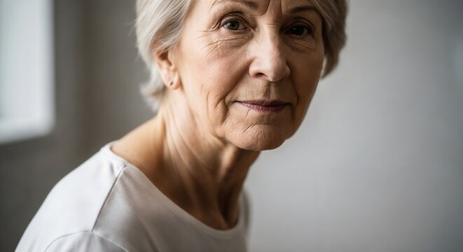 Elderly woman with thoughtful expression in natural light, showcasing posture correction focus. Portrait captures essence of aging gracefully while emphasizing importance of posture for seniors.