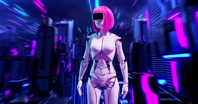 Futuristic 3D animation of a female android with pink hair and a VR visor walking through a glowing neon cyberpunk city.