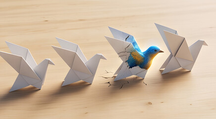 Real colorful bird breaking out of a white paper origami shell in a line of paper birds symbolizing transformation