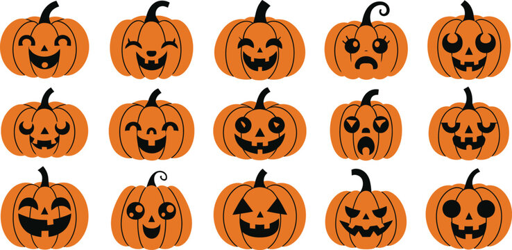 A collection of fifteen orange jack-o-lantern pumpkins with various funny and spooky carved facial expressions on white background