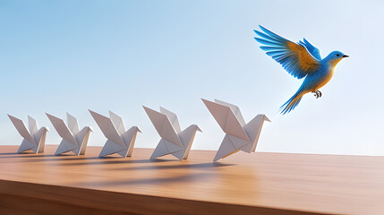 A real colorful bird flying away from a line of folded paper origami birds representing leadership and innovation